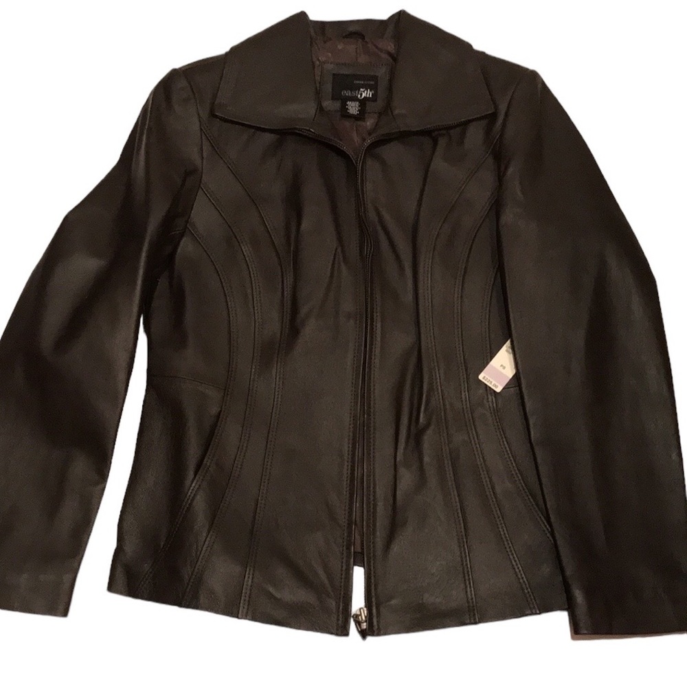 NWT EAST 5th Genuine leather coat jacket petite small PS Fontana brown nice!
